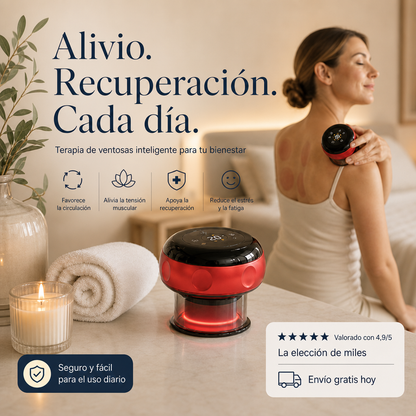 Mujer usando ReliefPath en el hombro, junto a una vela y una toalla, con el aparato en primer plano