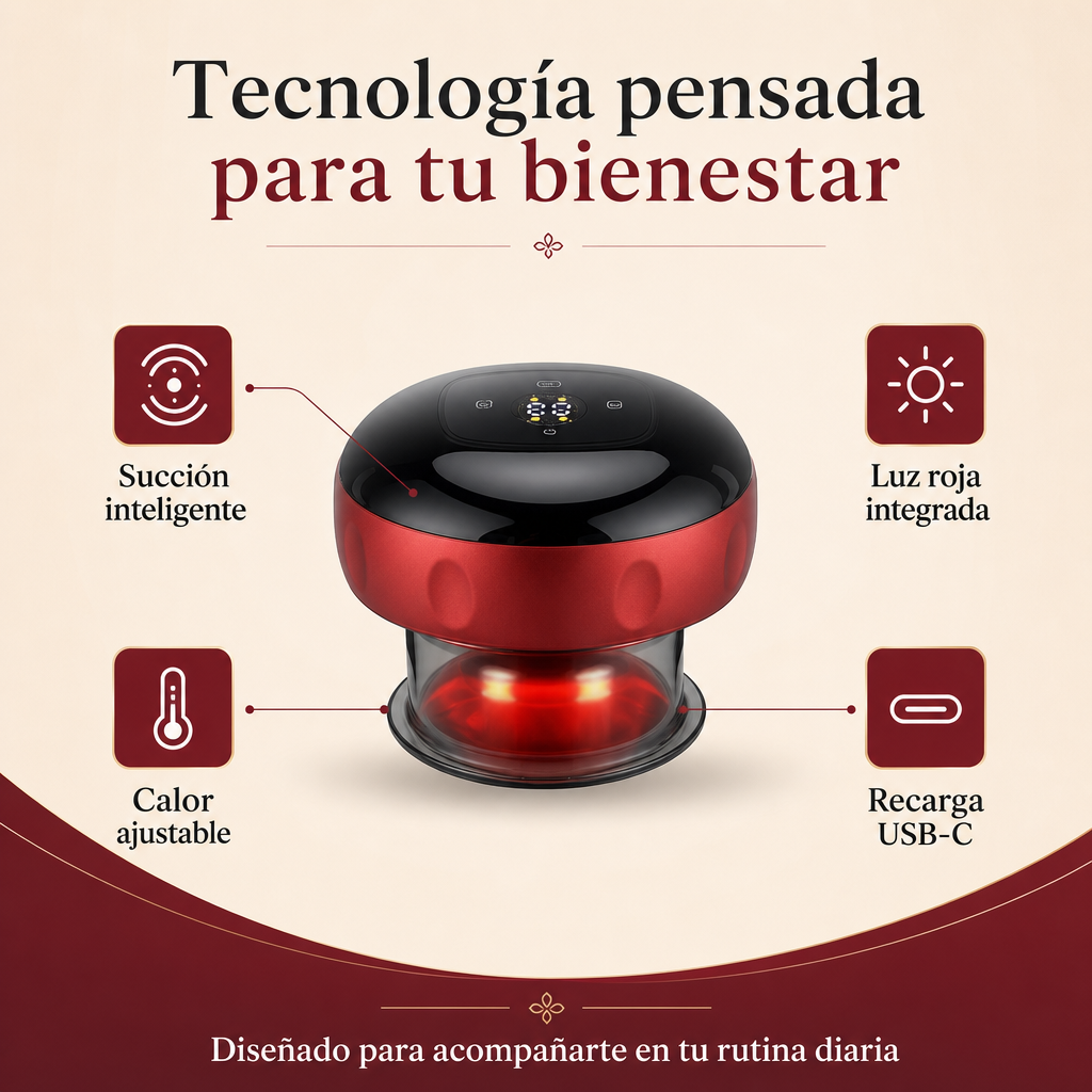 Las cuatro funciones de ReliefPath: succion inteligente, luz roja integrada, calor ajustable y recarga USB-C